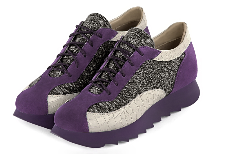 Amethyst purple, matt black and off white women's open back shoes. Round toe. Low rubber soles. Front view - Florence KOOIJMAN